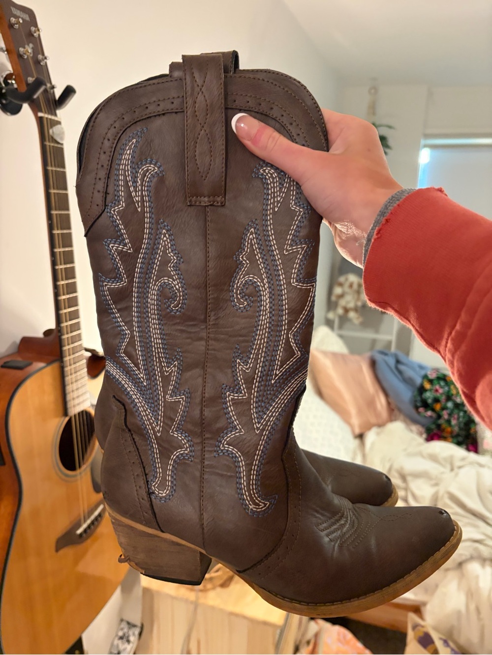 Sea Brown Leather Western Heeled Boots with Blue Stitching